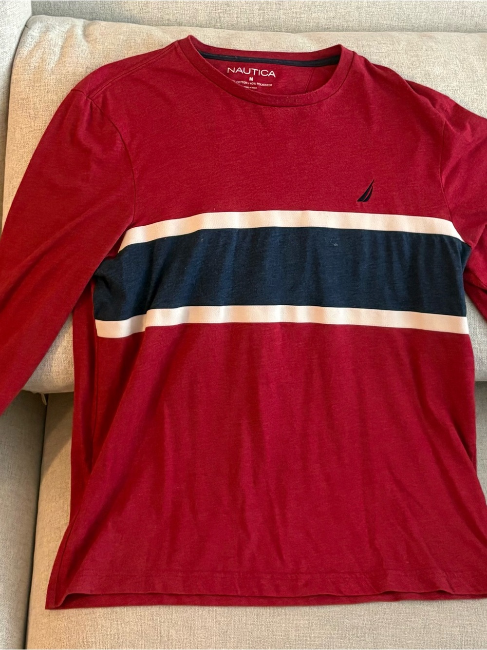Nautica Men’s Red Long-Sleeve Crew with Navy and White Stripes